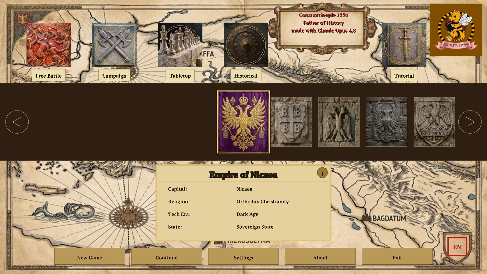 The main menu of the game with the carousel of crests